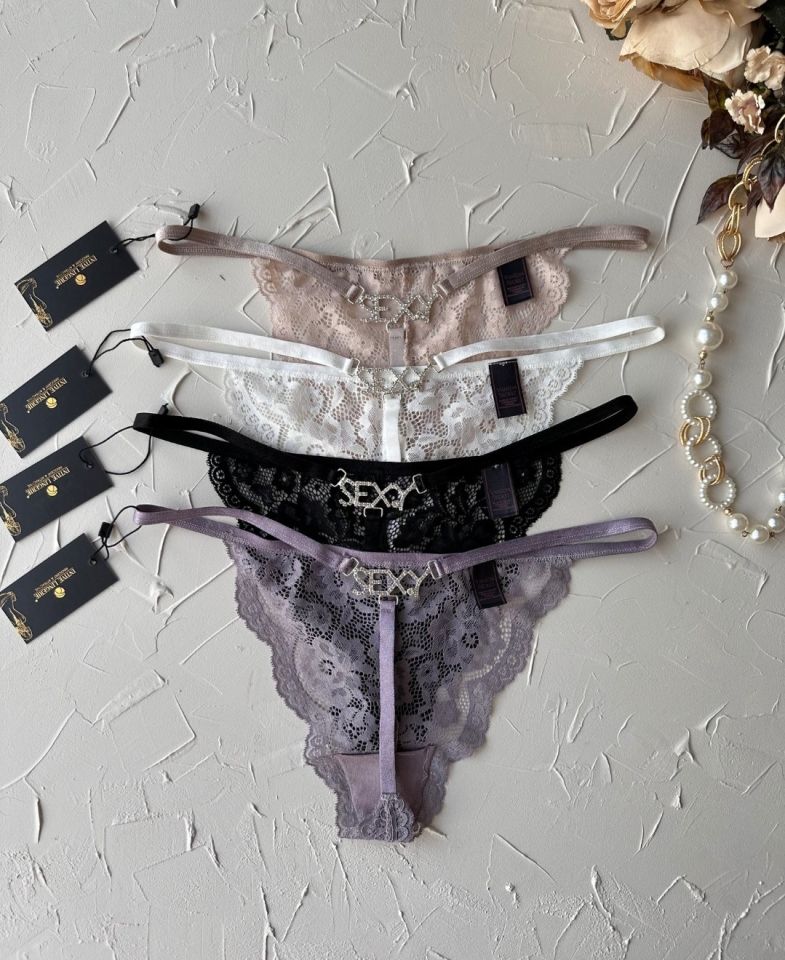 Arkası Parlak Taşlı -Sexy- Yazılı Dantelli String (Special Edition) Siyah - Tek Ebat