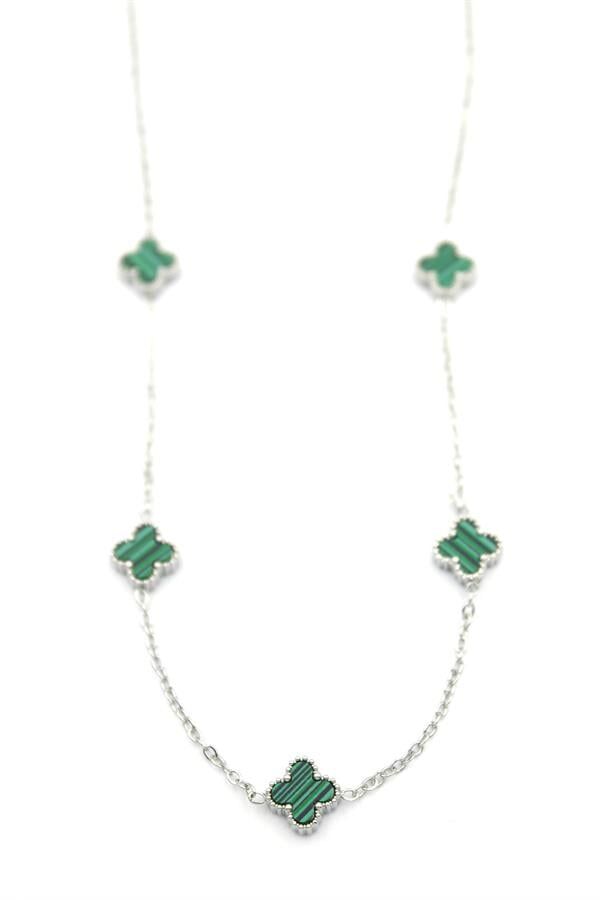 Vc Yonca Kolye - Gümüş Renk - Yeşil Yeşil