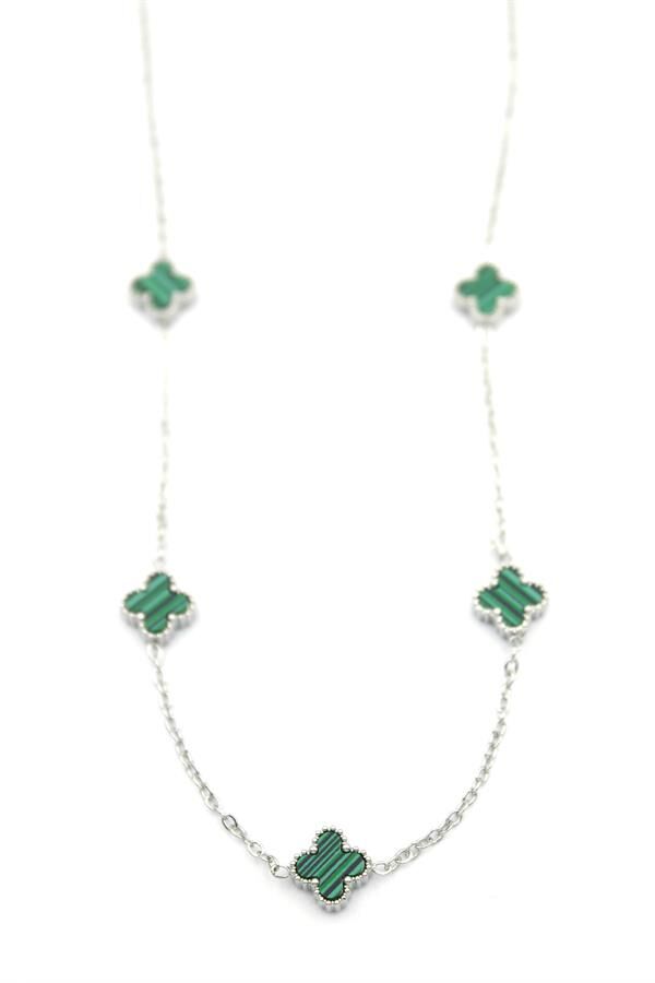 Vc Yonca Kolye - Gümüş Renk - Yeşil Yeşil