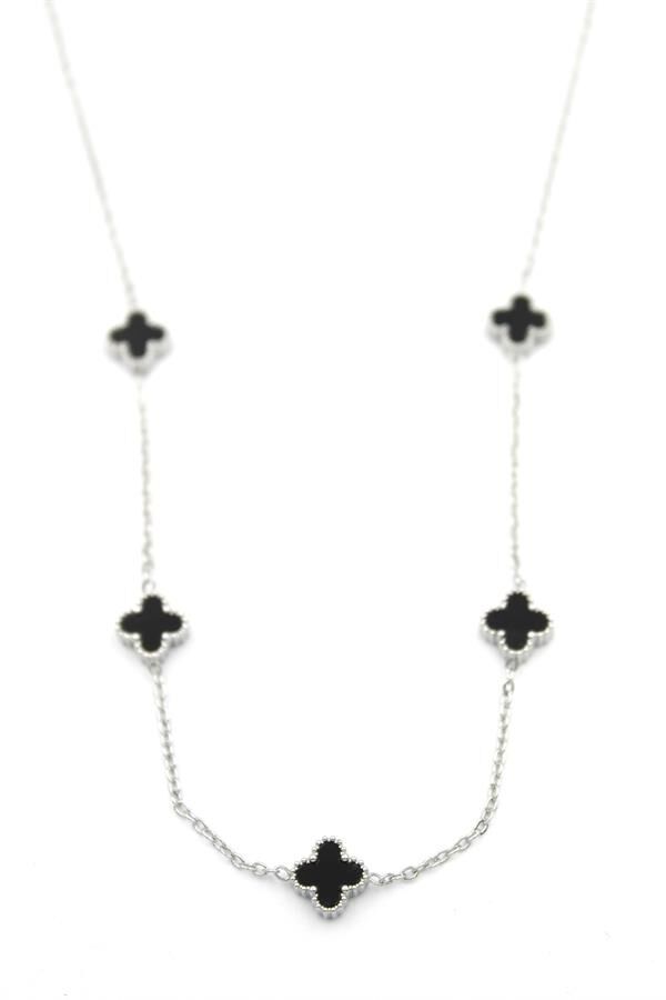 Vc Yonca Kolye - Gümüş Renk - Siyah Siyah