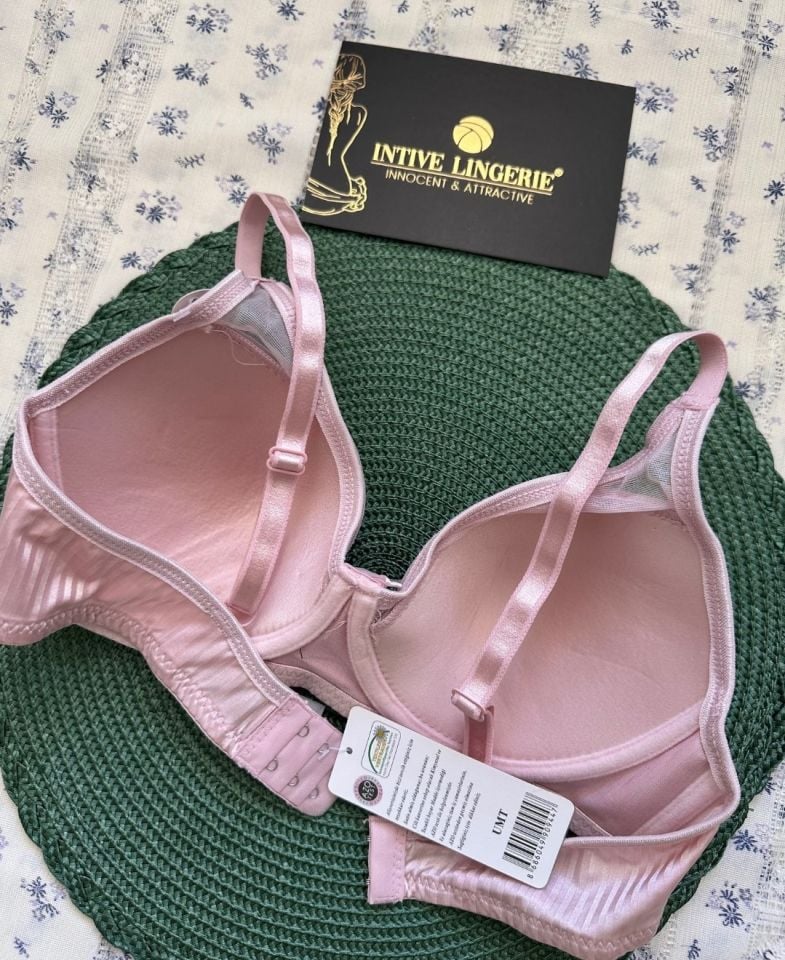 Evelyn Parlak Saten Çizgi Detaylı C cup Balenli Desteksiz Önü Tül Detaylı Şık Sütyen Pembe - 85C