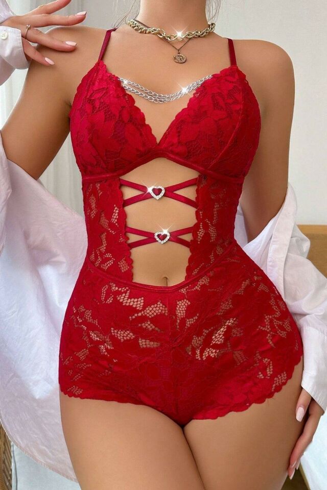 YNT Kırmızı Zincir Detaylı Dantelli Babydoll 15098 Kırmızı - M