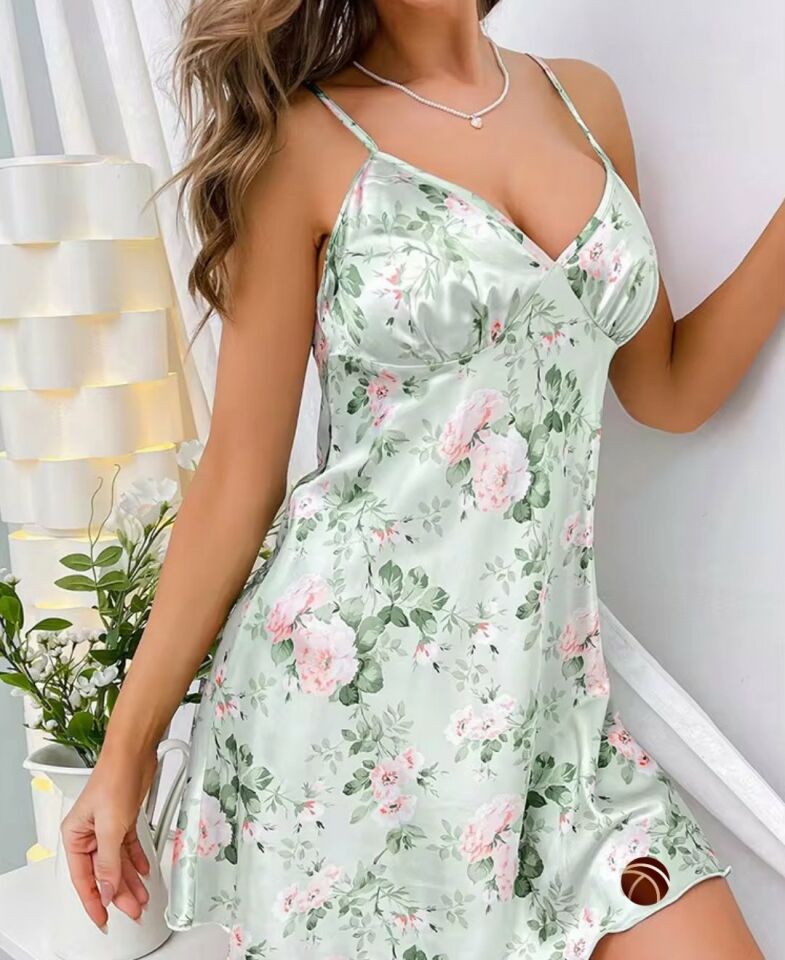 Intive Mint Yeşili Gül Çiçek Desenli V Yaka Saten İnce Askılı Mini Gecelik Mint Yeşili - XL