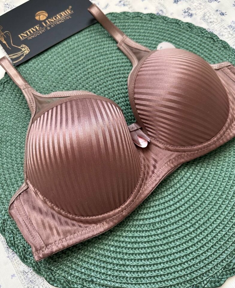 Evelyn Parlak Saten Çizgi Detaylı C cup Balenli Desteksiz Önü Tül Detaylı Şık Sütyen Kahverengi - 100C