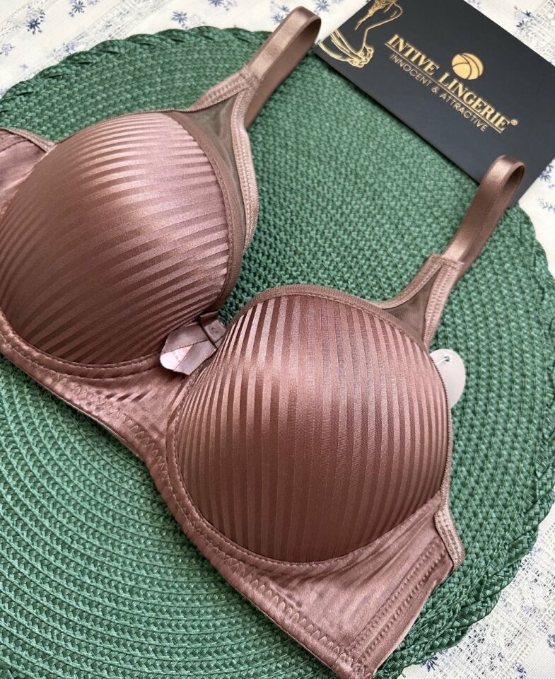 Evelyn Parlak Saten Çizgi Detaylı C cup Balenli Desteksiz Önü Tül Detaylı Şık Sütyen Kahverengi - 100C