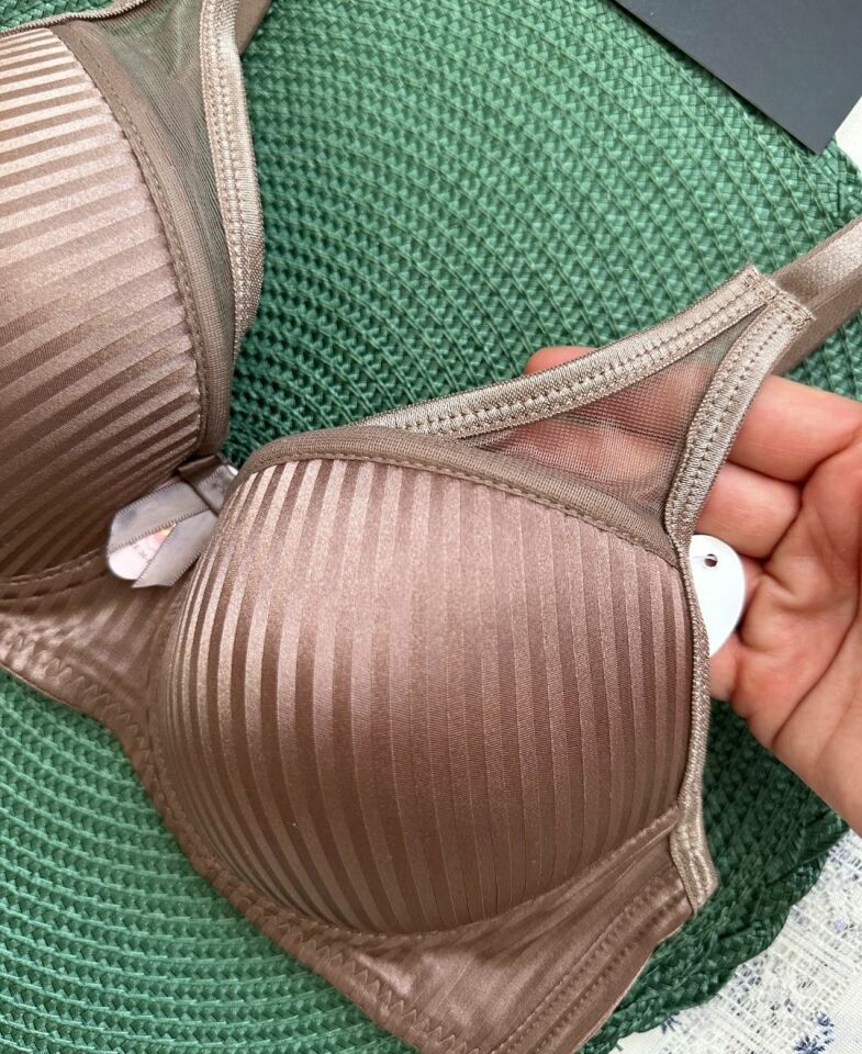 Evelyn Parlak Saten Çizgi Detaylı C cup Balenli Desteksiz Önü Tül Detaylı Şık Sütyen Kahverengi - 100C