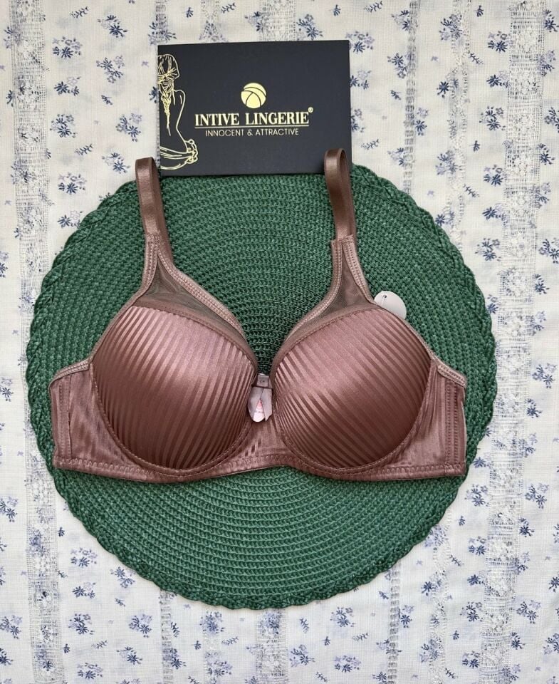 Evelyn Parlak Saten Çizgi Detaylı C cup Balenli Desteksiz Önü Tül Detaylı Şık Sütyen Kahverengi - 80C