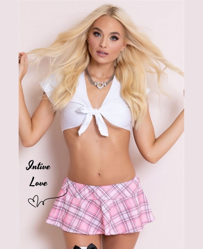 Intive Önden Bağlamalı Büstiyer Detaylı Pembe Mini Ekose Etekli Fantasy Takım Pembe - S/M