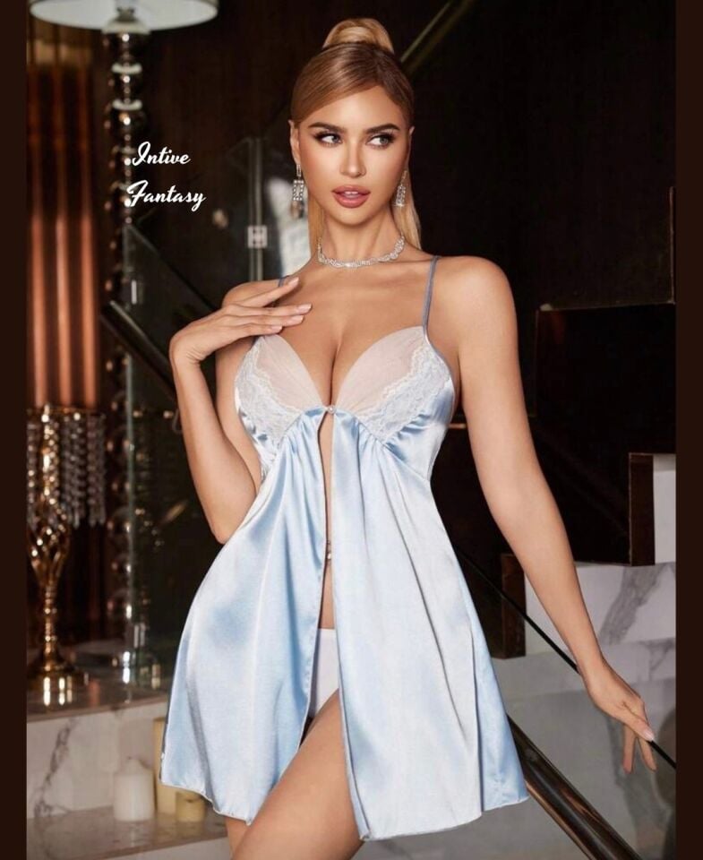 Intive Fantasy Bebek Mavisi Önü Tamamen Açık Göğsü ve Arkası Tül Detaylı Mini Gecelik Mavi - L