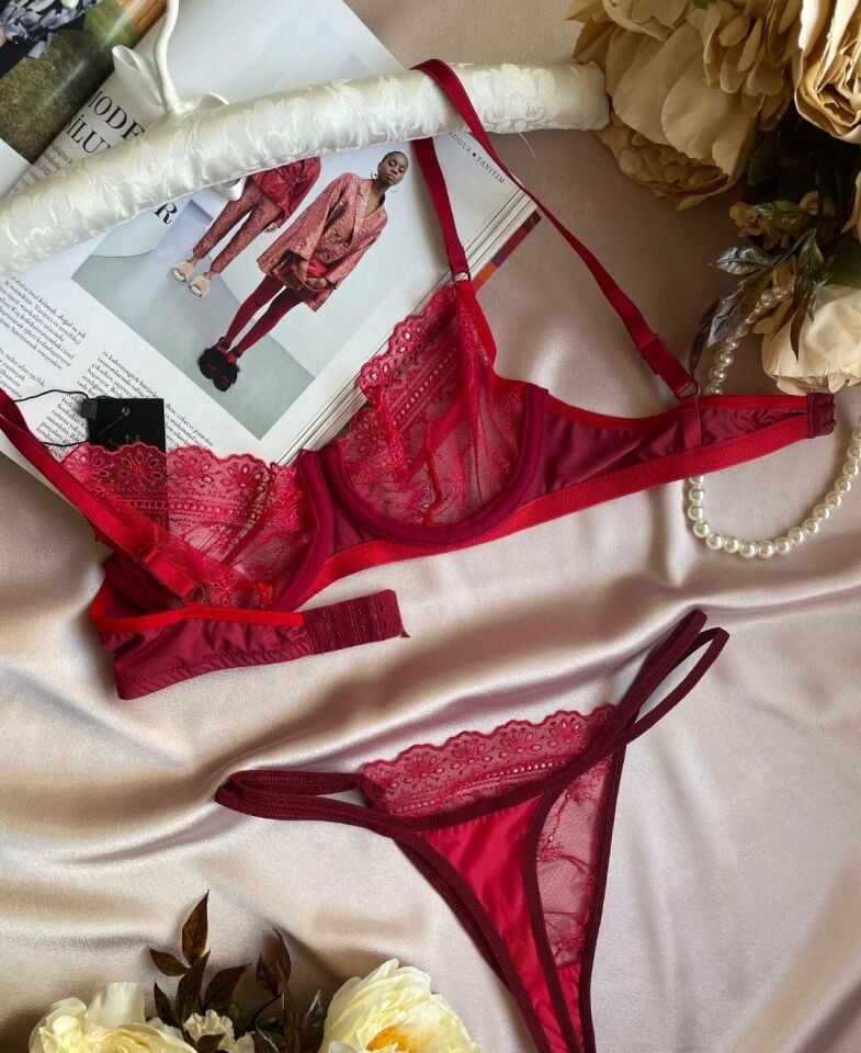 Canlı Kırmızı Dantelli Balenli Seksi Sütyen Takım (Limited) Kırmızı - 80