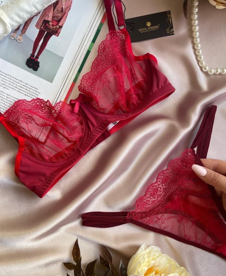 Canlı Kırmızı Dantelli Balenli Seksi Sütyen Takım (Limited) Kırmızı - 80