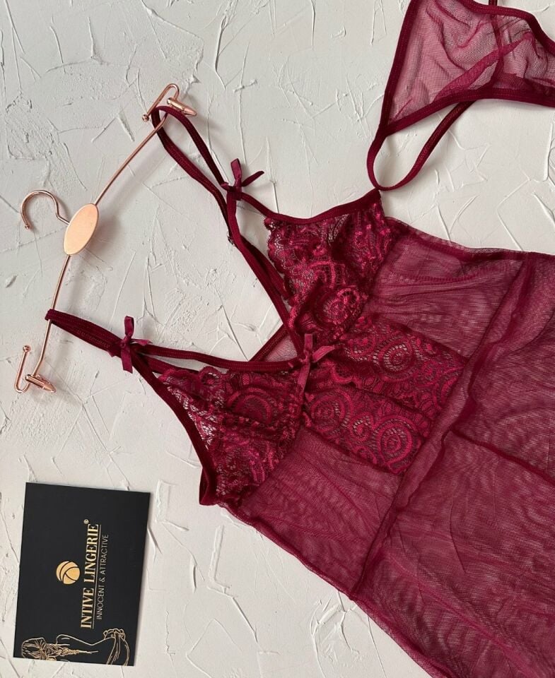 Kadın Şarap Rengi Dantelli Transparan Mini Gecelik/Babydoll-1023