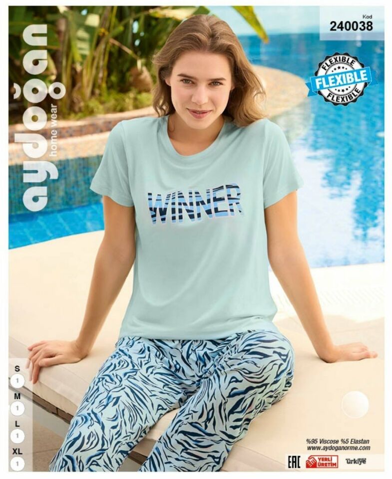 Aydoğan Homewear -Winner- Yazılı Viskos Yazlık Pijama Takımı-240038 Mavi - M
