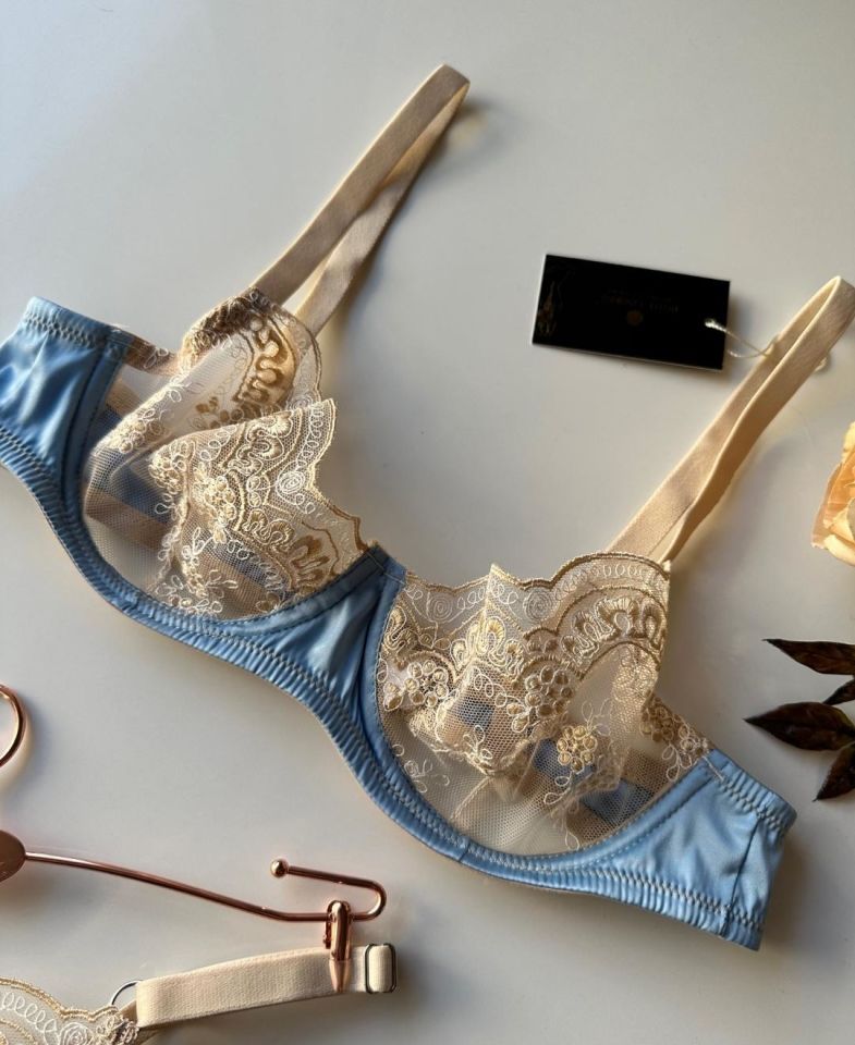 Leila Mavi Bej Desenli Saten Seksi Sütyen Takım Mavi/Bej - 80B