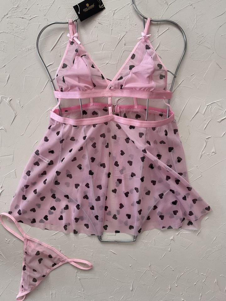 Kadın Pembe Siyah Kalp Desenli Transparan Arka Dekolteli Gecelik/Babydoll -158