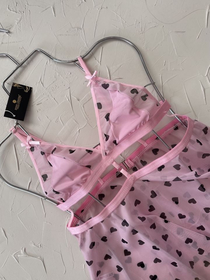 Kadın Pembe Siyah Kalp Desenli Transparan Arka Dekolteli Gecelik/Babydoll -158