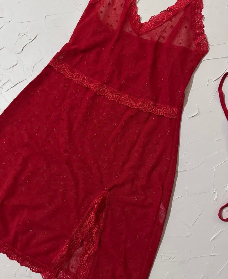 Intive Parlak Simli Kumaş Desenli Dantelli Transparan Kırmızı Gecelik/Babydoll -1071 Kırmızı - S/M