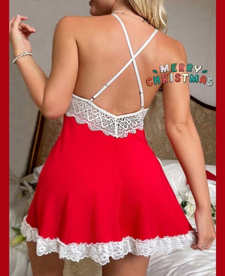 Intive Yılbaşı Koleksiyonu- Kırmızı Beyaz Dantel Ve Ponpon Detaylı Mini Gecelik