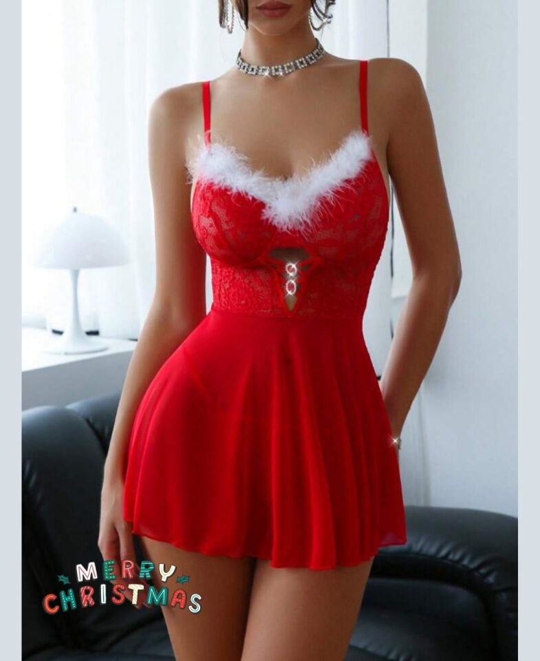 Intive Yılbaşı Koleksiyonu- Kırmızı Beyaz Önü Beyaz Tüy Detaylı Aksesuarlı Mini Gecelik Intive Yılbaşı Koleksiyonu- Kırmızı Beyaz Önü Beyaz Tüy Detaylı Aksesuarlı Mini Gecelik