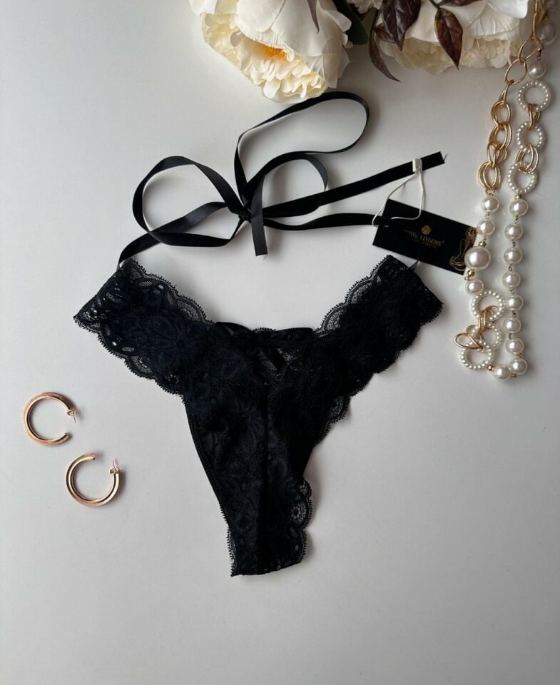 Arkadan Bağlama Detaylı Dantel Brazilian Tanga - 9119 Siyah - Tek Ebat