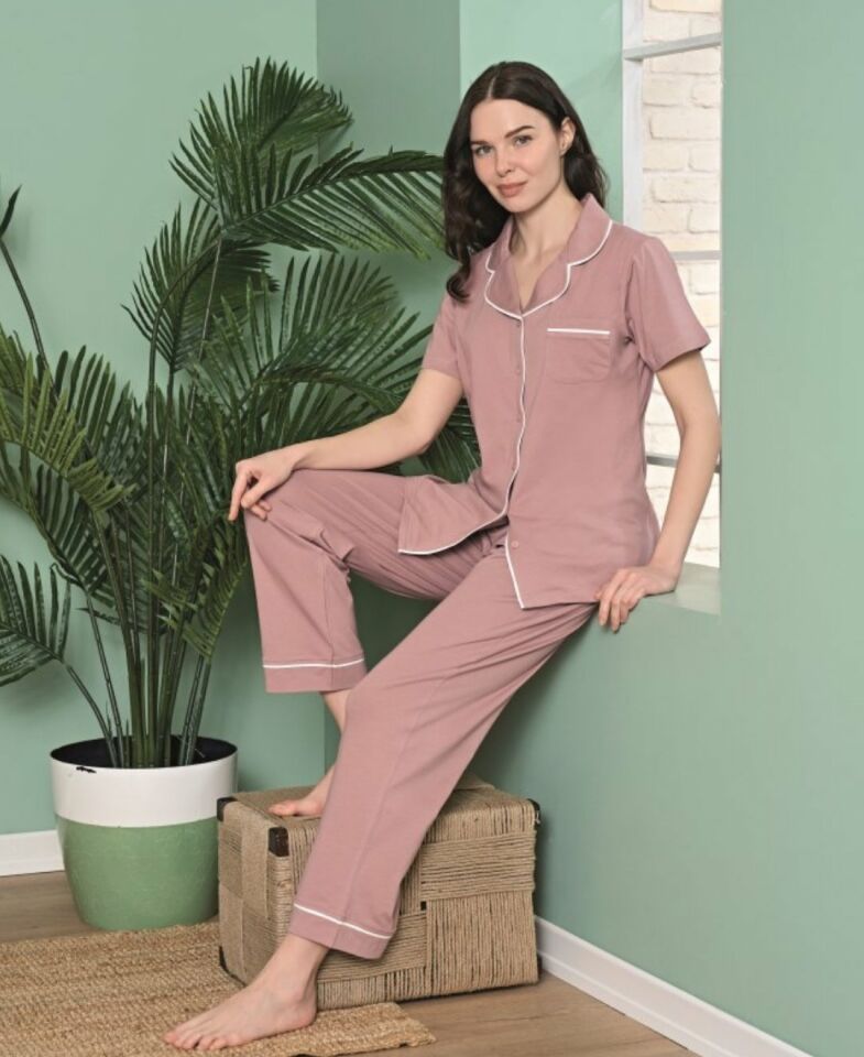 Poleren Modal Kumaş Rahat Gömlek Pantolon/Sıfır Yaka Desenli Düz Battal Pijama Takımları Gül Kurusu - M