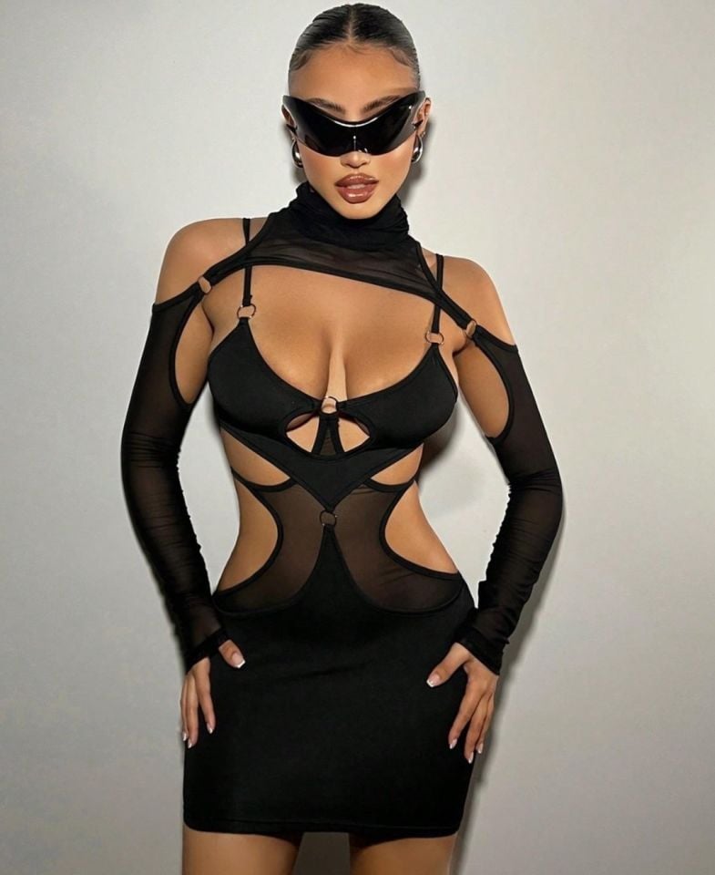 Siyah Tasarım Halka Detaylı Bel Dekolteli Transparan Mini Gecelik/Babydoll-8485 Siyah - L