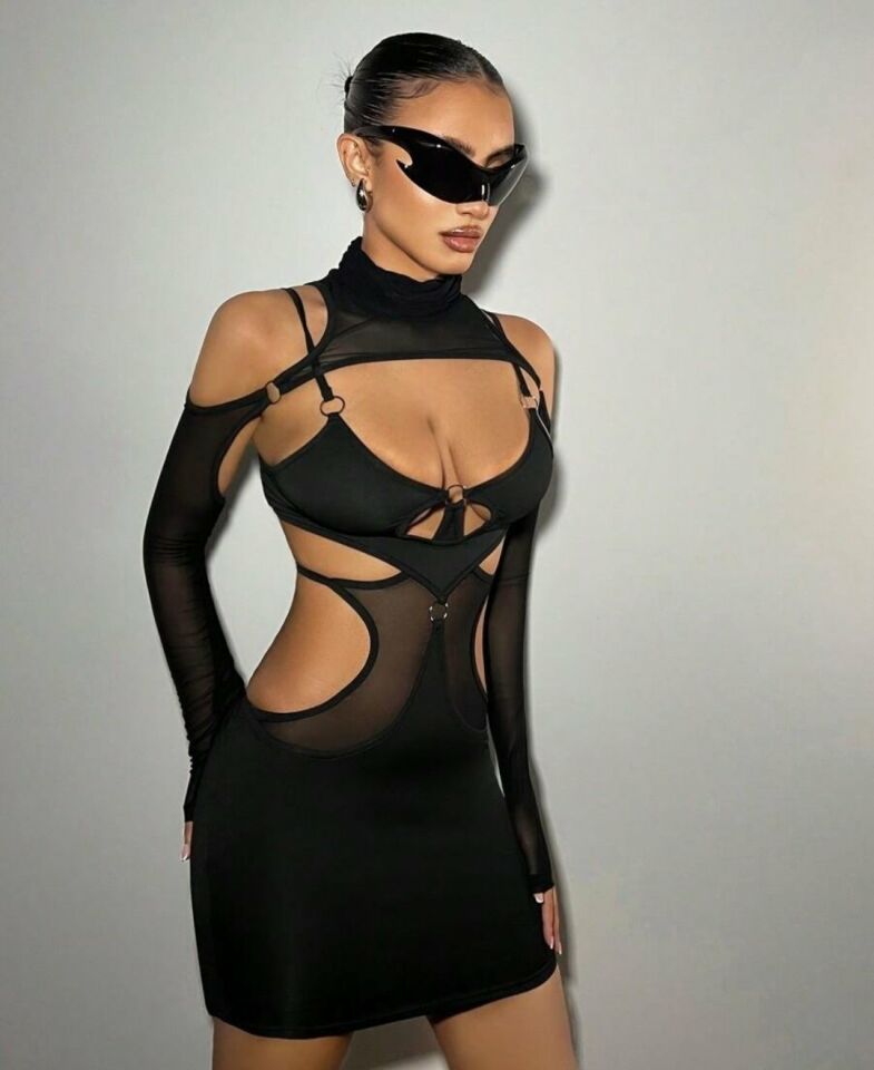 Siyah Tasarım Halka Detaylı Bel Dekolteli Transparan Mini Gecelik/Babydoll-8485 Siyah - L