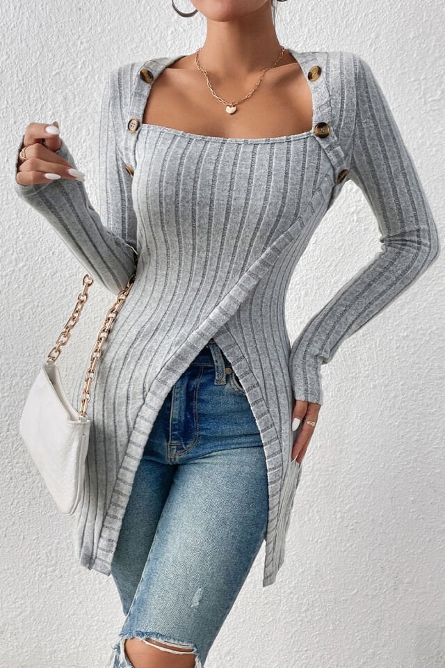 Kadın Gri Düğme Detaylı Kare Yaka Fitilli Asimetrik Etekli Uzun Kollu Bluz Kadın Gri Düğme Detaylı Kare Yaka Fitilli Asimetrik Etekli Uzun Kollu Bluz