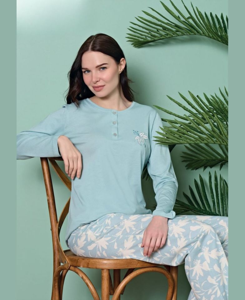 Poleren Modal Kumaş Rahat Gömlek Pantolon/Sıfır Yaka Desenli Düz Battal Pijama Takımları Turkuaz - M