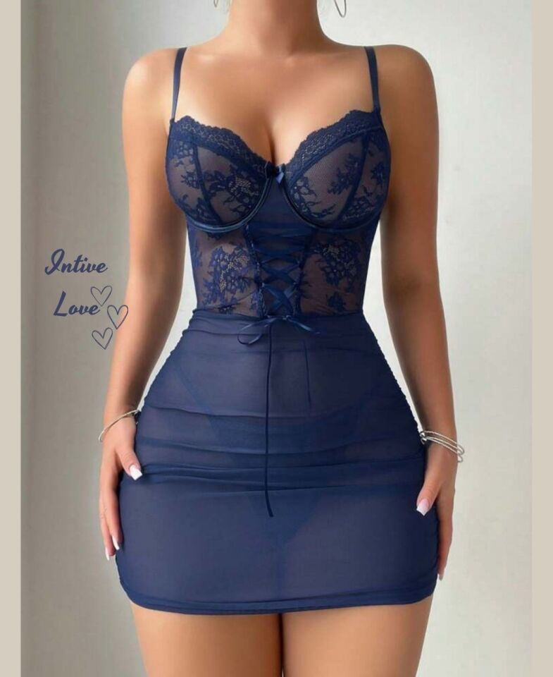 Intive Lacivert Göğüs Bölümü Dantelli Bağlamalı Altı Tül Esnek Mini İnce Askılı Gecelik Lacivert - XL