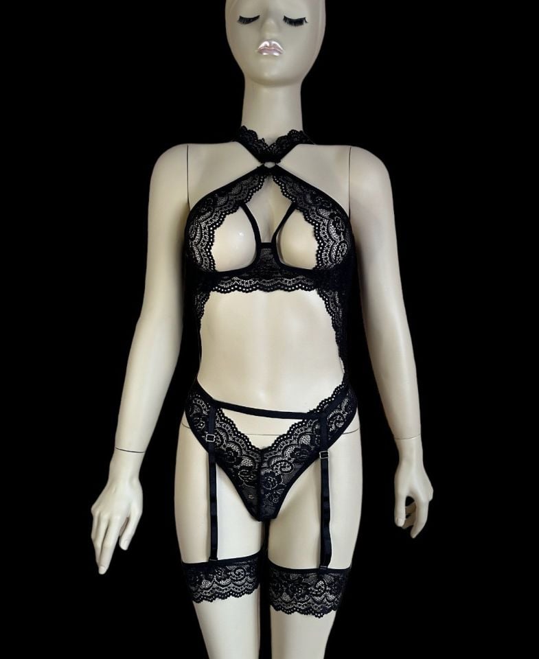 Kadın Dantelli Balensiz Tasarım Jartiyer Bodysuit Takım - 8453 Siyah - L