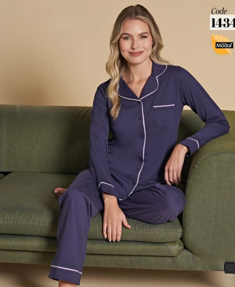 Poleren Modal Kumaş Rahat Gömlek Pantolon/Sıfır Yaka Desenli Düz Battal Pijama Takımları Mor - M