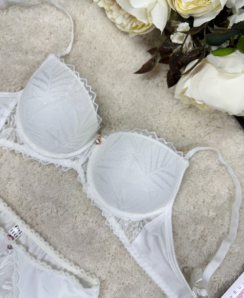 Le Jardin Parlak Simli İpli Brodeli Push-up Sütyen Külot Takım-5065 Ekru - 85B