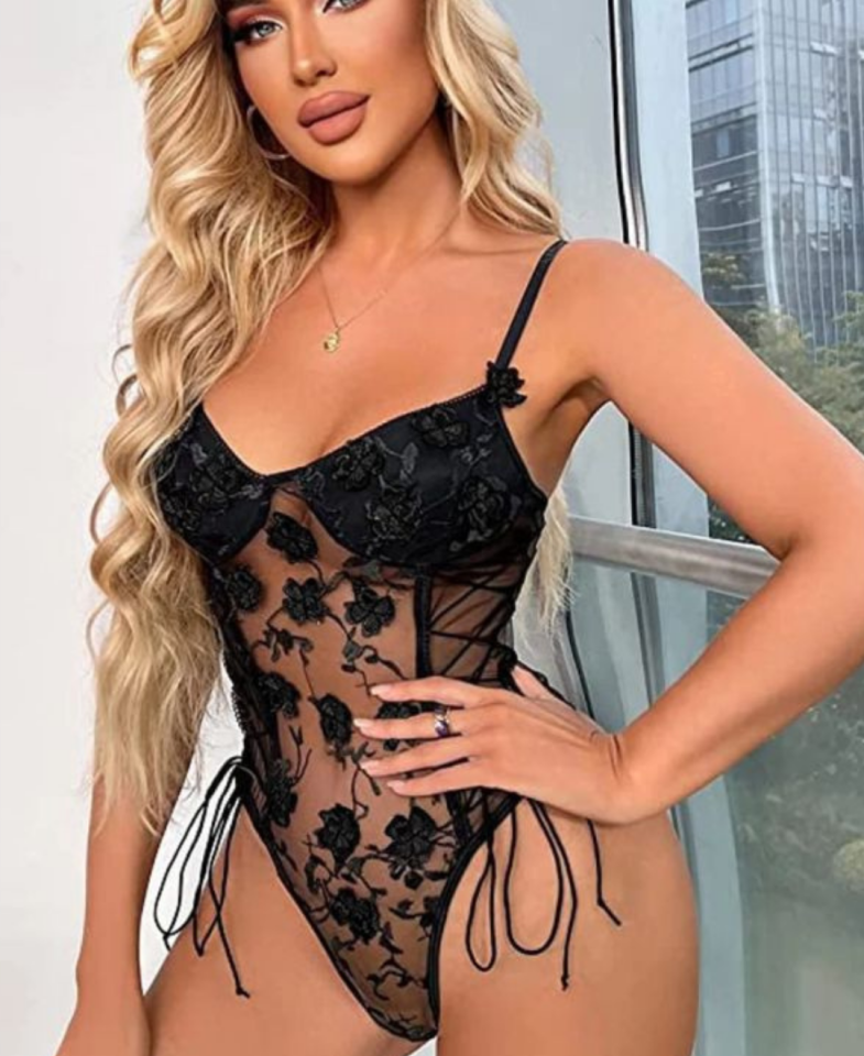 Sexy Flower Kadın Çiçek Desenli Transparan Bodysuit