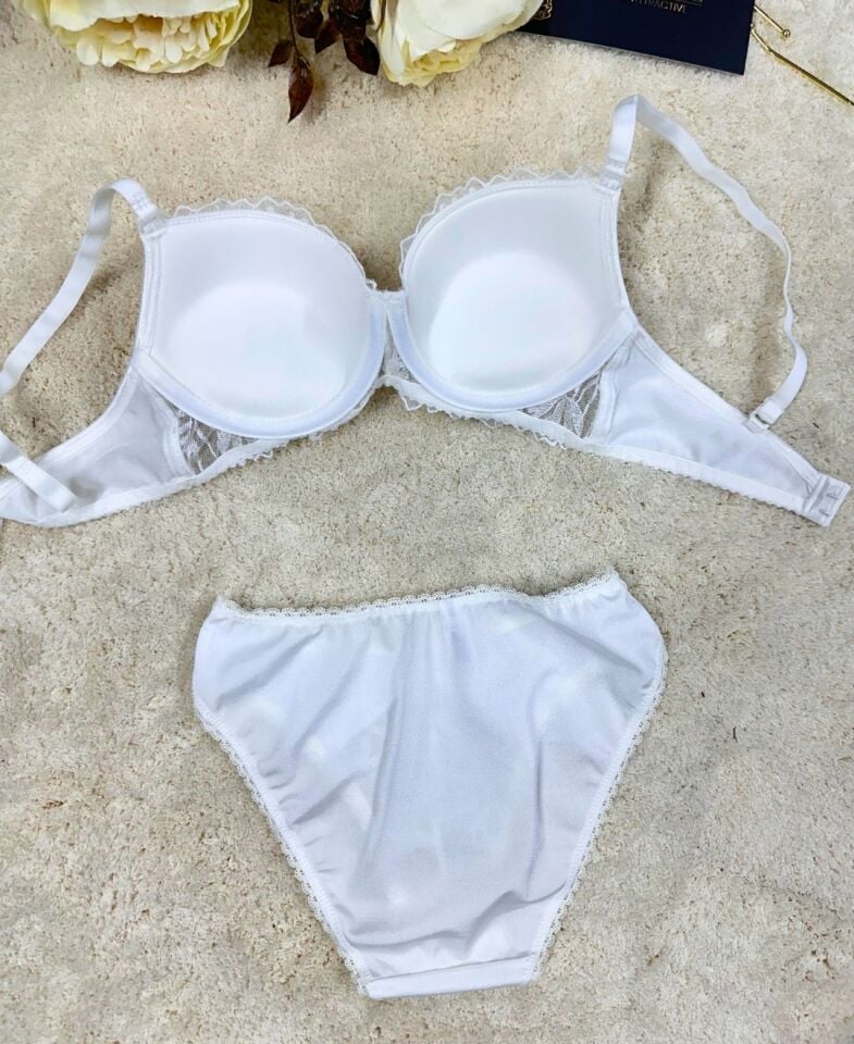 Le Jardin Parlak Simli İpli Brodeli Push-up Sütyen Külot Takım-5065 Ekru - 85B