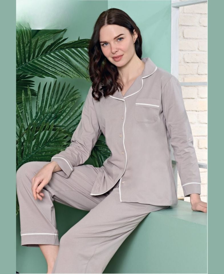 Poleren Modal Kumaş Rahat Gömlek Pantolon/Sıfır Yaka Desenli Düz Battal Pijama Takımları Vizon - M