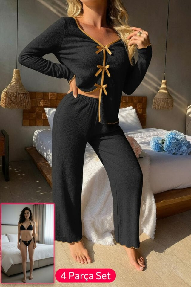 Kadın Siyah Fiyonklu İç Çamaşırı ve Uzun Kollu V Yaka Pijama Takımı 4'lü Set Kadın Siyah Fiyonklu İç Çamaşırı ve Uzun Kollu V Yaka Pijama Takımı 4'lü Set