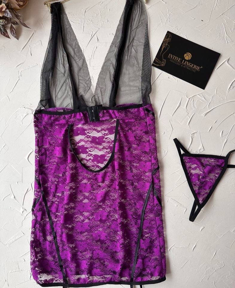 Intive Fantasy Jartiyerli Dantelli Göğsü Transparan Tül Mini Babydoll/Gecelik Siyah/Mor - S/M