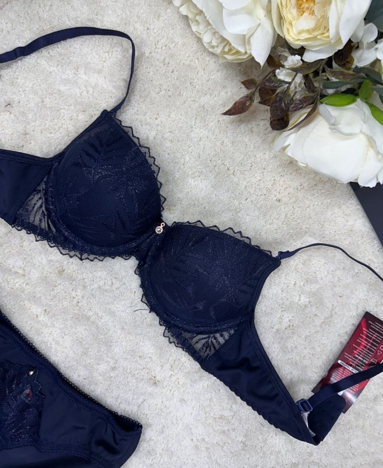 Le Jardin Parlak Simli İpli Brodeli Push-up Sütyen Külot Takım-5065 Lacivert - 85B
