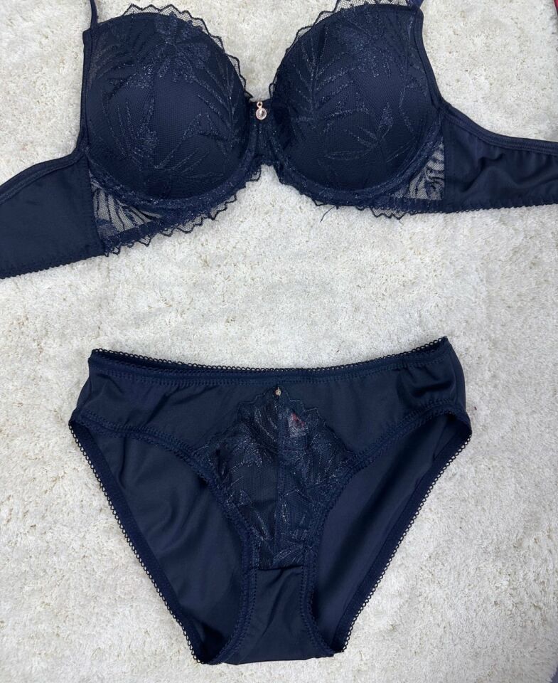 Le Jardin Parlak Simli İpli Brodeli Push-up Sütyen Külot Takım-5065 Lacivert - 85B