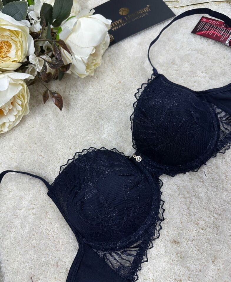 Le Jardin Parlak Simli İpli Brodeli Push-up Sütyen Külot Takım-5065 Lacivert - 85B