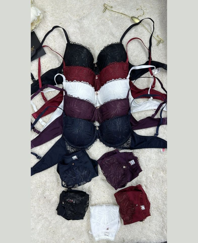 Le Jardin Parlak Simli İpli Brodeli Push-up Sütyen Külot Takım-5065 Lacivert - 85B