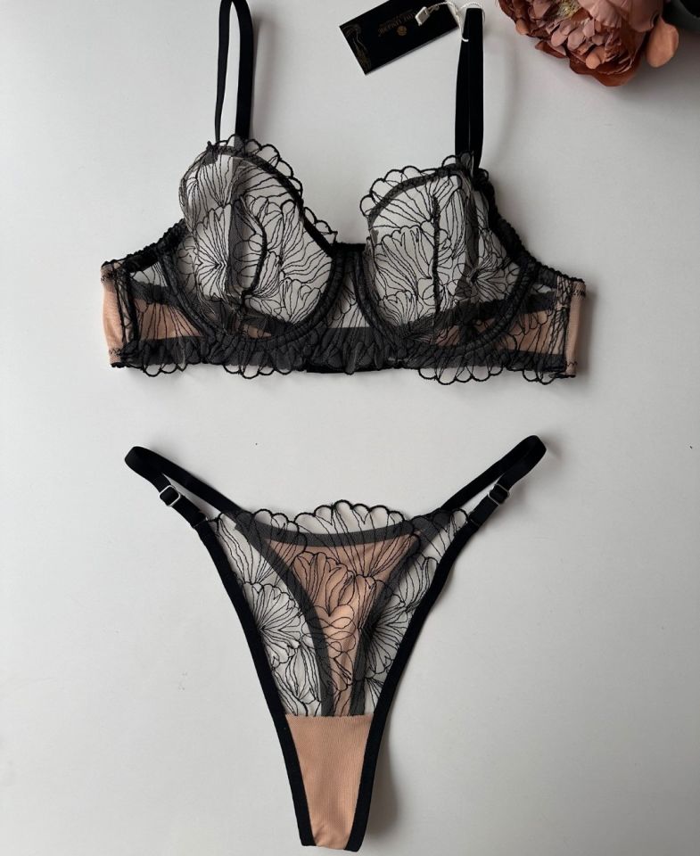 Madilyn Siyah Bej Modern Desenli Balenli Transparan Sütyen Takım Siyah - 75B