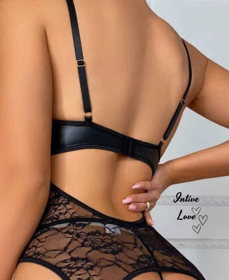 Intive Lame Kumaştan Dantel Detaylı Jartiyerli Önü Bağlamalı Bodysuit String Takım Siyah - L/XL