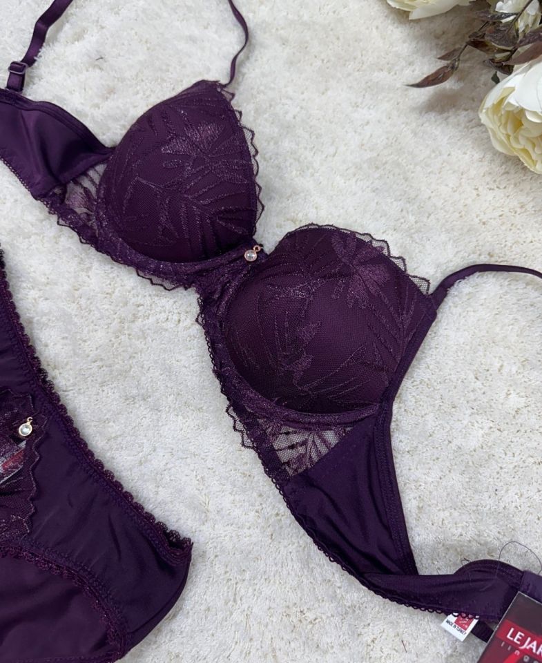Le Jardin Parlak Simli İpli Brodeli Push-up Sütyen Külot Takım-5065 Mürdüm - 85B
