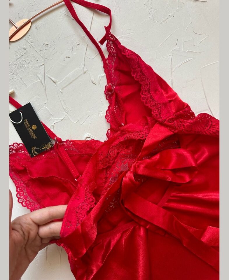 Lily Bianca Kırmızı Arkadan Saten Bağamalı Dantel Detaylı Babydoll/Gecelik-435