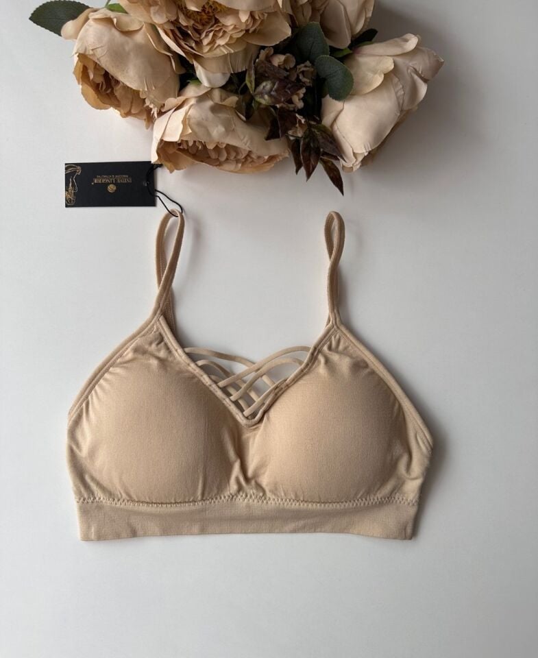 Günlük Kullanım Önü Bağlama Detaylı Padli Yumuşak Dikişsiz İnce Askılı Rahat Bralet Bej - Tek Ebat