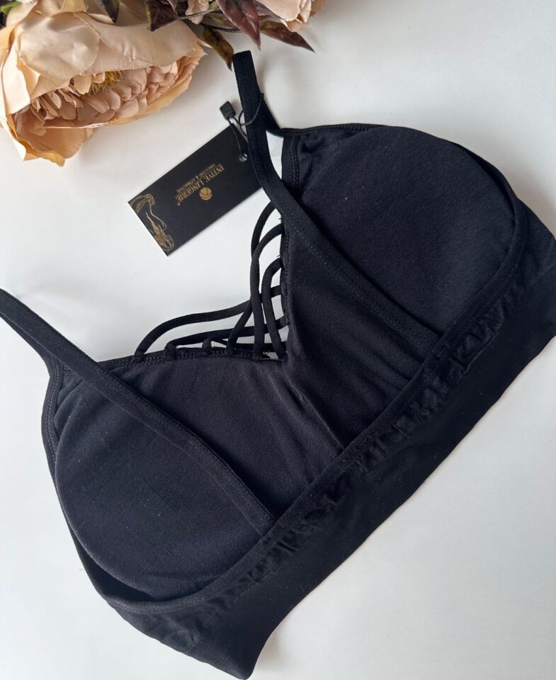 Günlük Kullanım Önü Bağlama Detaylı Padli Yumuşak Dikişsiz İnce Askılı Rahat Bralet Siyah - Tek Ebat