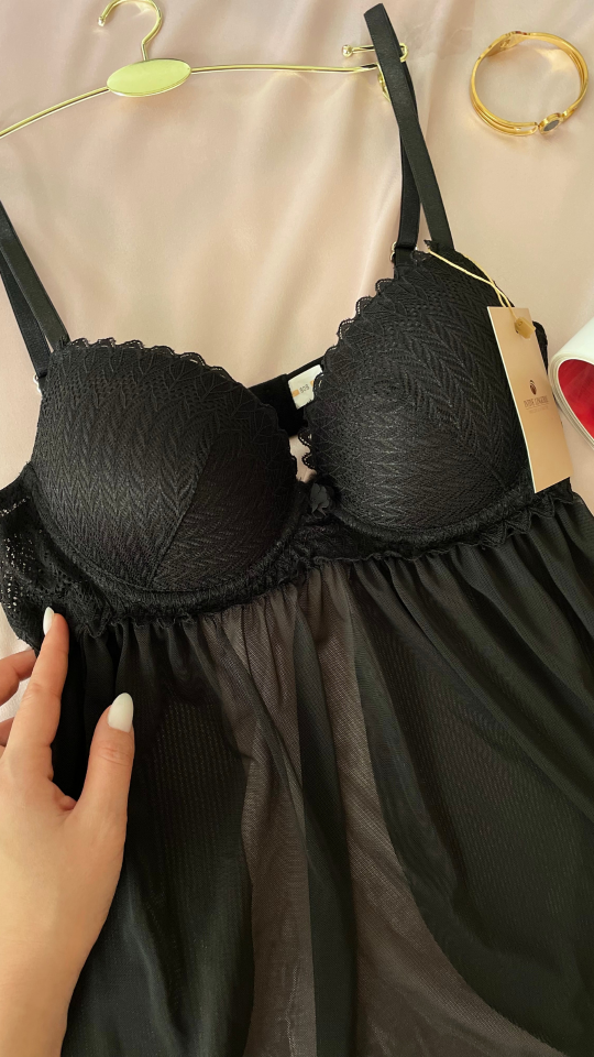 Kadın Siyah Tül Detaylı Balenli Dantel Detaylı Arkası Açık Fantezi Babydoll/Gecelik-Lauren Siyah - 80B