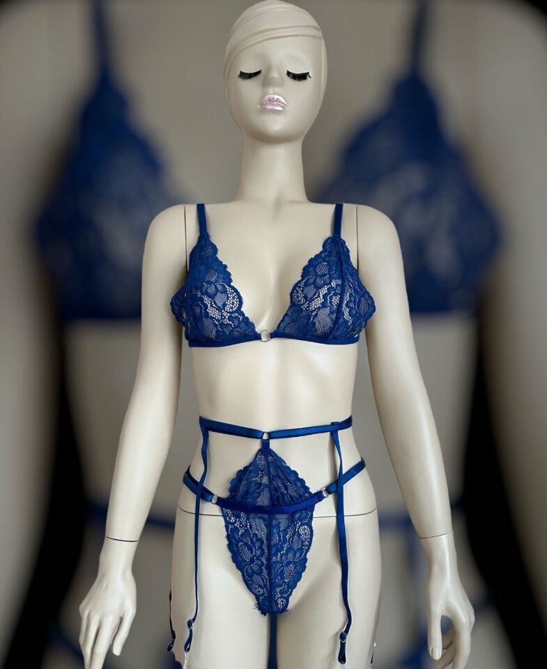 Kadın Saks Mavisi Dantelli Sütyen Jartiyer Takım - 3291 Saks Mavisi - L/XL